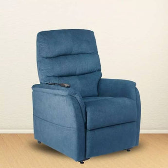 Golden Elara power recliner in a medium/large size featuring a manual adjustable headrest and blue fabric.