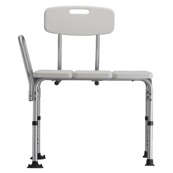 Standard bath transfer bench with a white textured seat and aluminum legs showing the extra-wide suction safety tips.