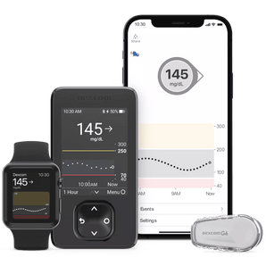 Dexcom G6 slim wearable sensor and transmitter being applied with the one-touch auto-applicator.