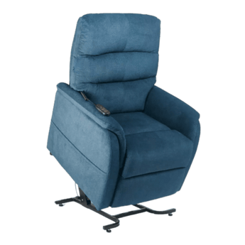 Golden Elara power recliner in a medium/large size featuring a manual adjustable headrest and blue fabric.