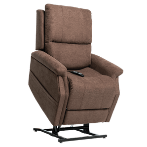 VivaLift! Metro 2 power recliner in Saville Grey fabric showing the independent footrest extension. Brown Color.