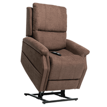 VivaLift! Metro 2 power recliner in Saville Grey fabric showing the independent footrest extension. Brown Color.