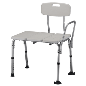 Standard bath transfer bench with a white textured seat and aluminum legs showing the extra-wide suction safety tips.